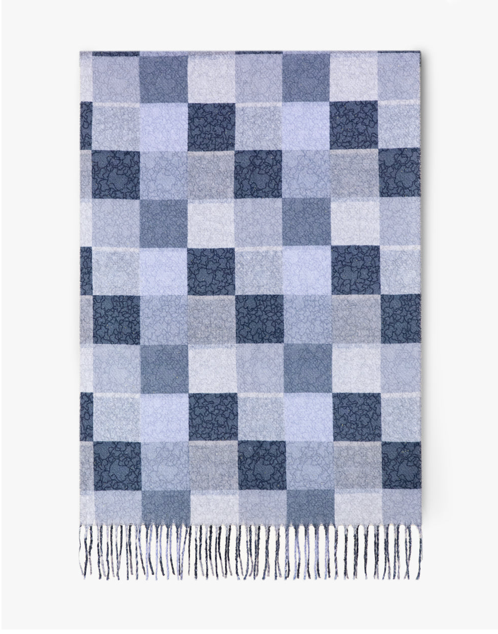 Tonal Squares Fringe Scarf in black and blue by Original, alternate view