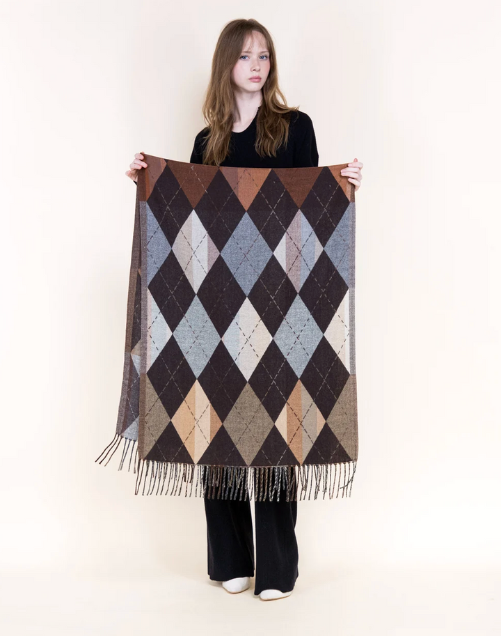 Autumn Argyle Fringe Scarf in brown by Original, front view