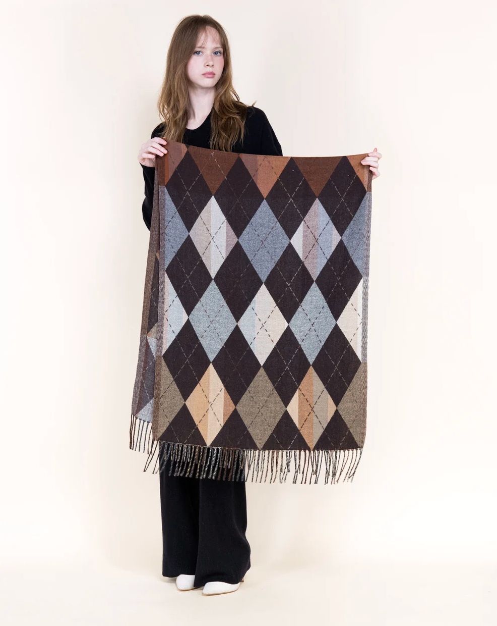 Autumn Argyle Fringe Scarf in brown by Original, alternate view