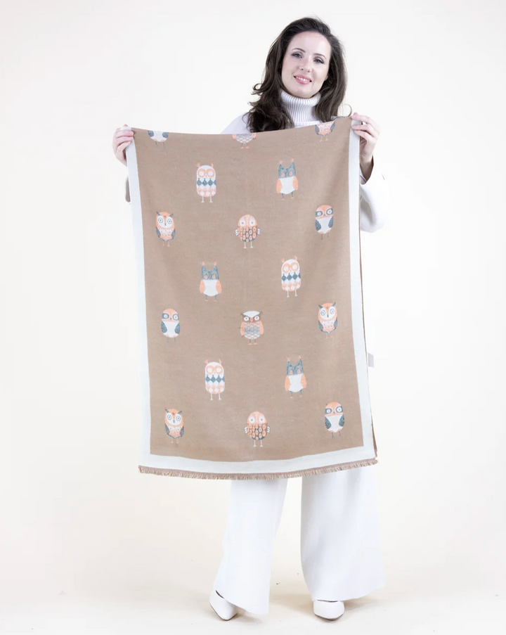 Wise Owl Bordered Scarf in khaki by Original, alternate view