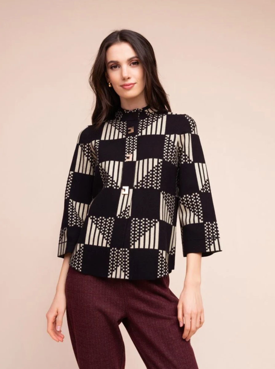 Mosaic Clasp Cardigan in black and cream by Alison Sheri, front view