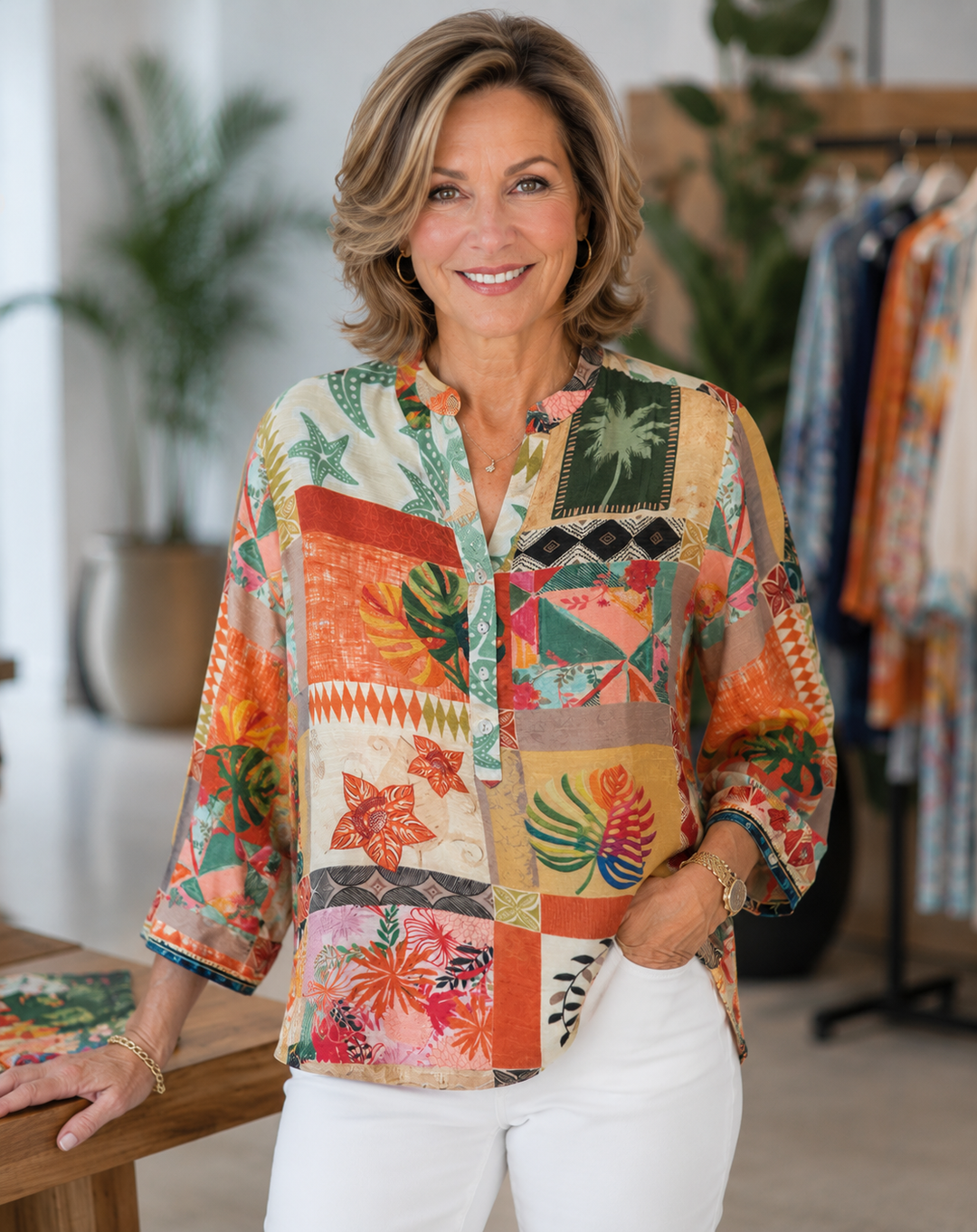 Woman wearing a colorful patterned shirt in a clothing store