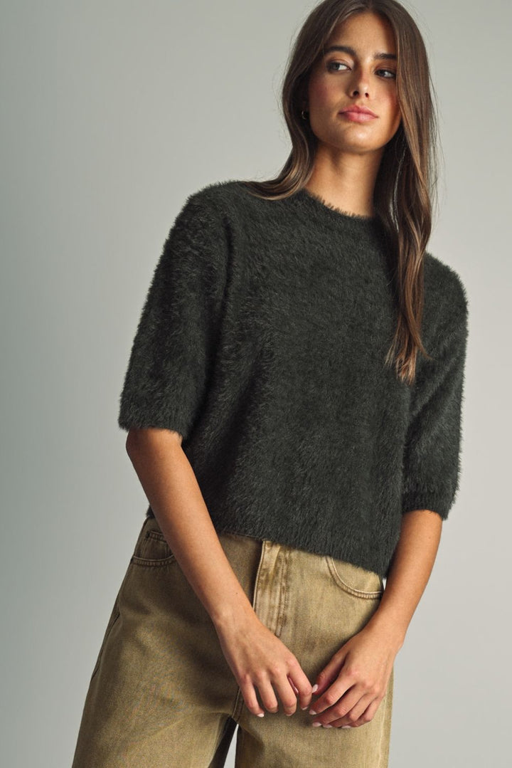 Evergreen Fuzzy Crop Sweater in green by Miou Muse, front view