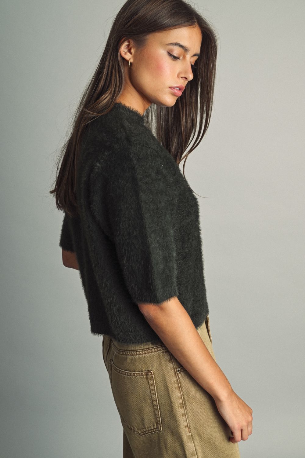 Evergreen Fuzzy Crop Sweater in green by Miou Muse, alternate view