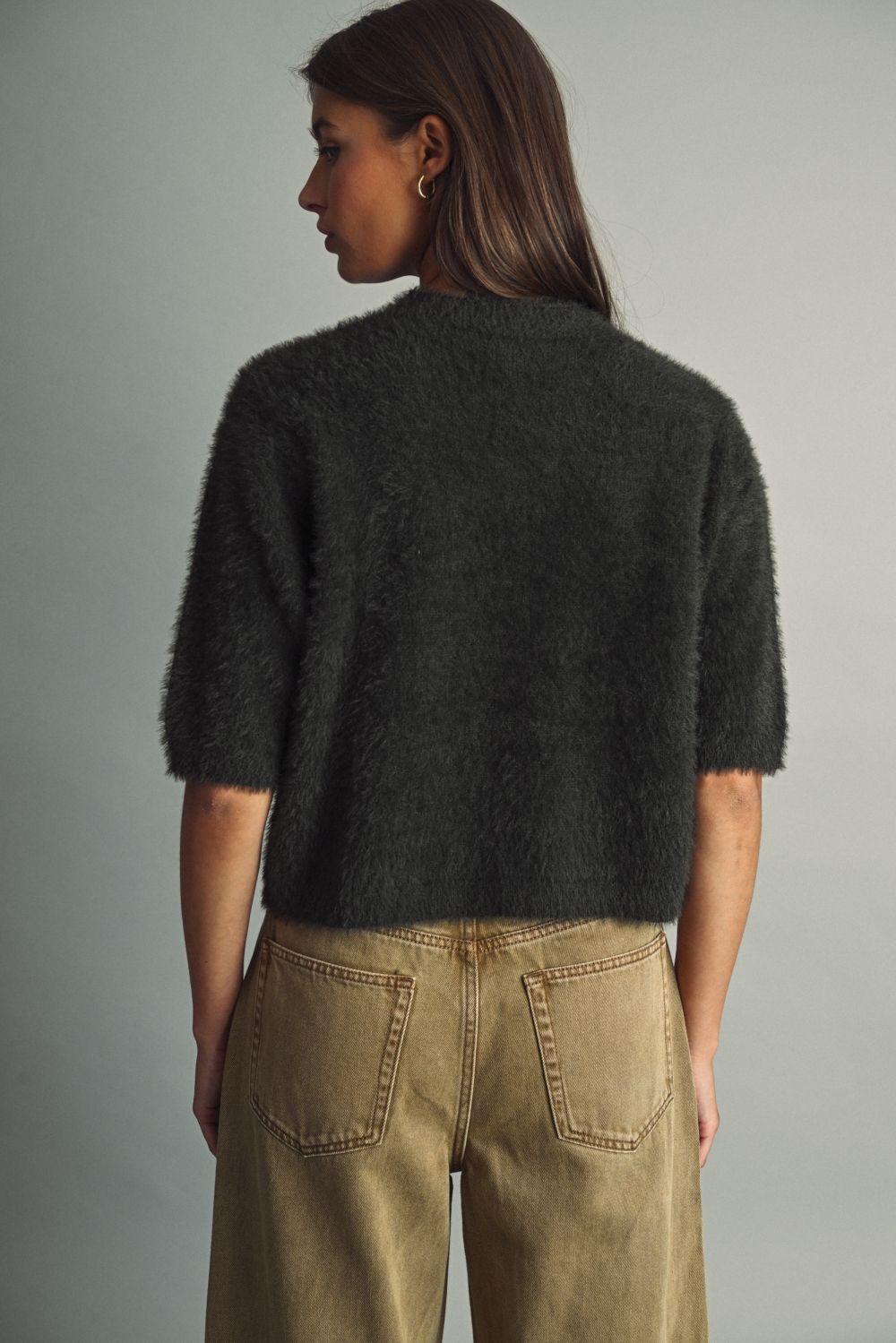 Evergreen Fuzzy Crop Sweater in green by Miou Muse, alternate view