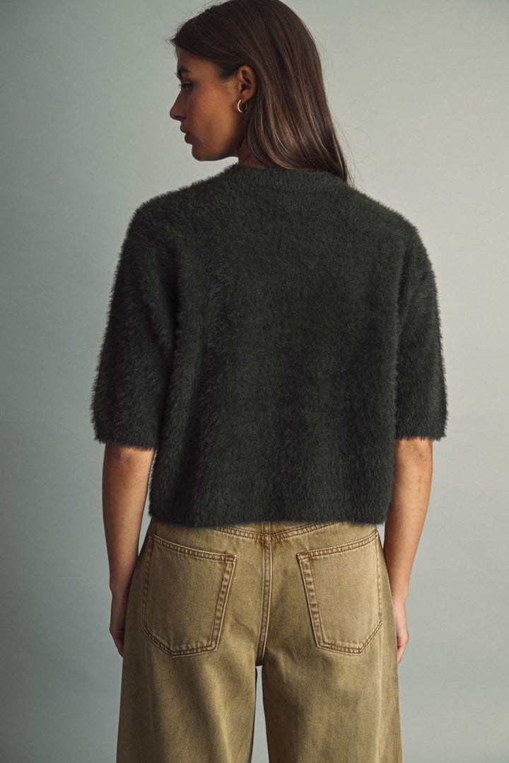 Evergreen Fuzzy Crop Sweater in green by Miou Muse, alternate view
