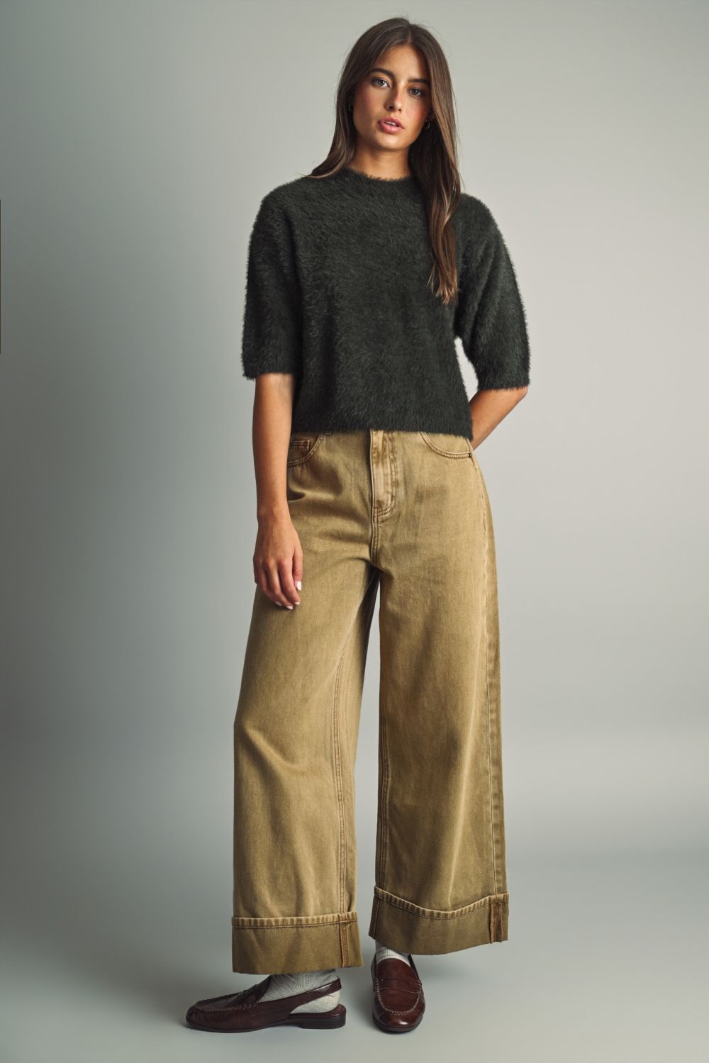 Evergreen Fuzzy Crop Sweater in green by Miou Muse, alternate view