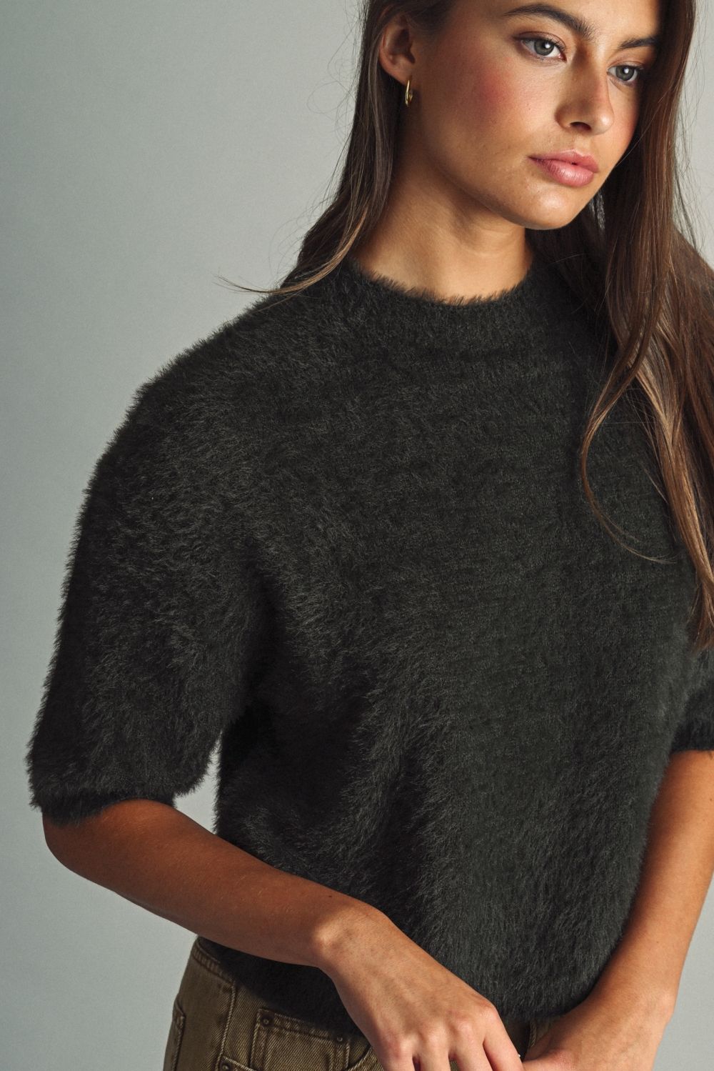 Evergreen Fuzzy Crop Sweater in green by Miou Muse, alternate view