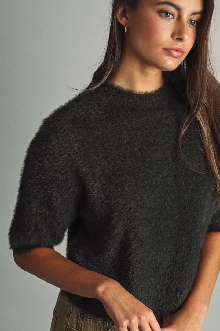 Evergreen Fuzzy Crop Sweater in green by Miou Muse, alternate view