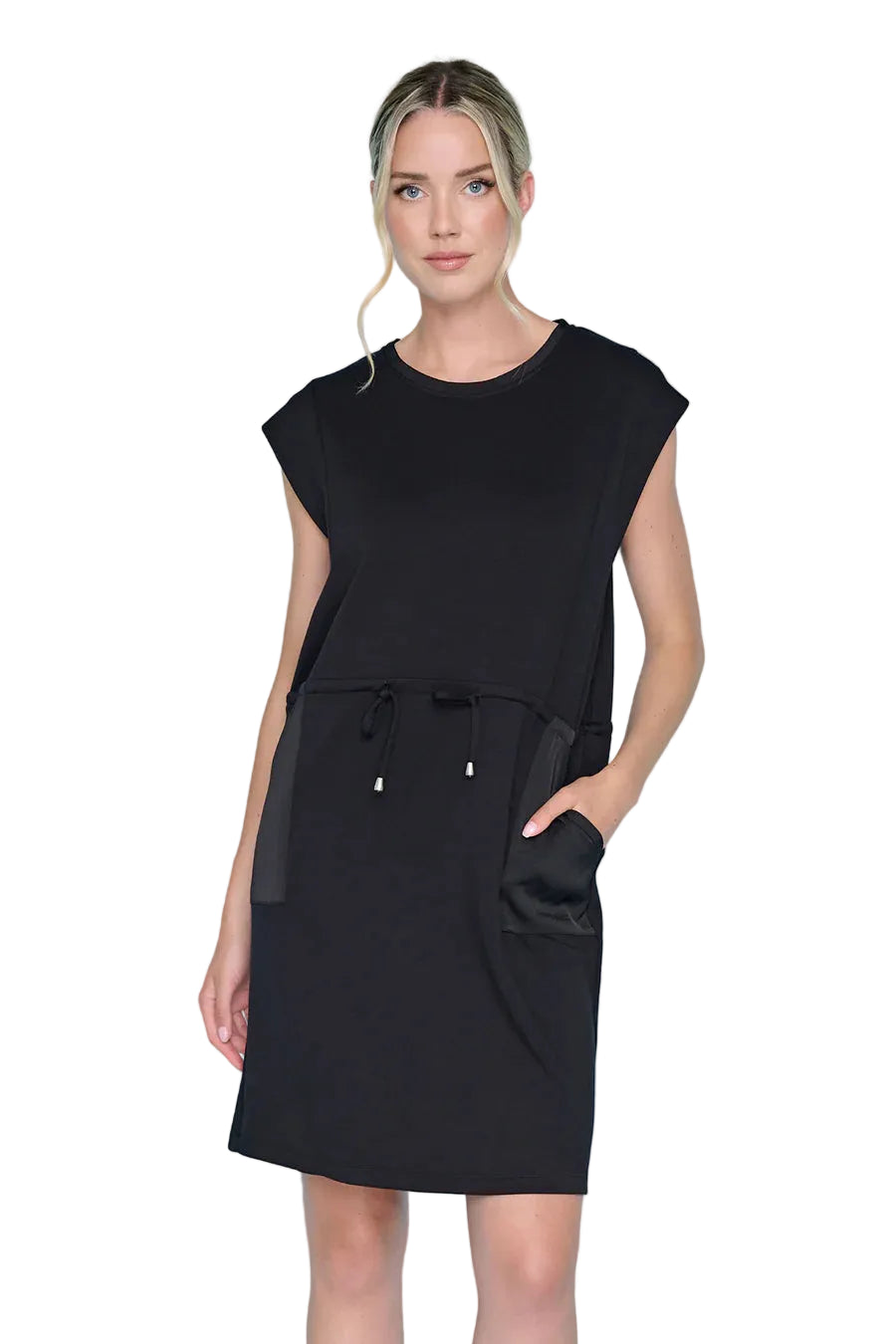 Woman wearing a black dress against a light blue background