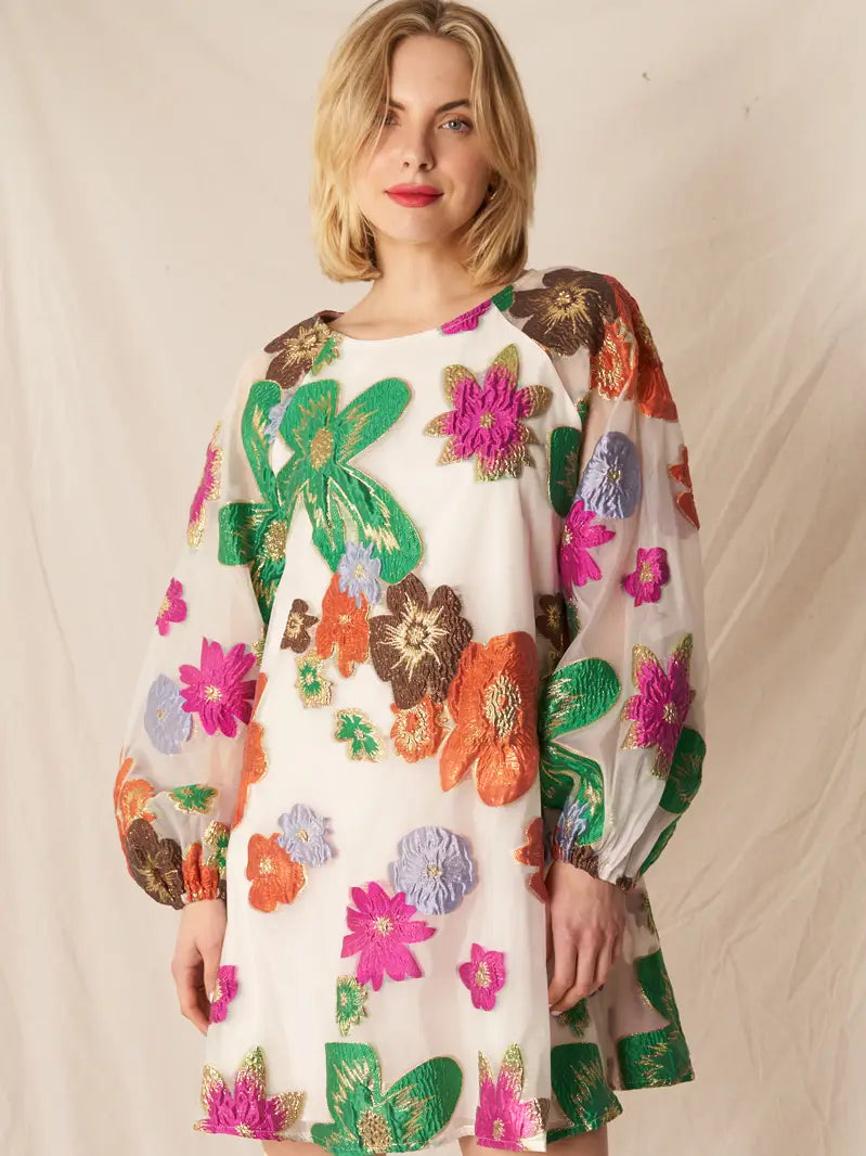 Posy Floral Organza Mini Dress in Cream Multicolor, view 2