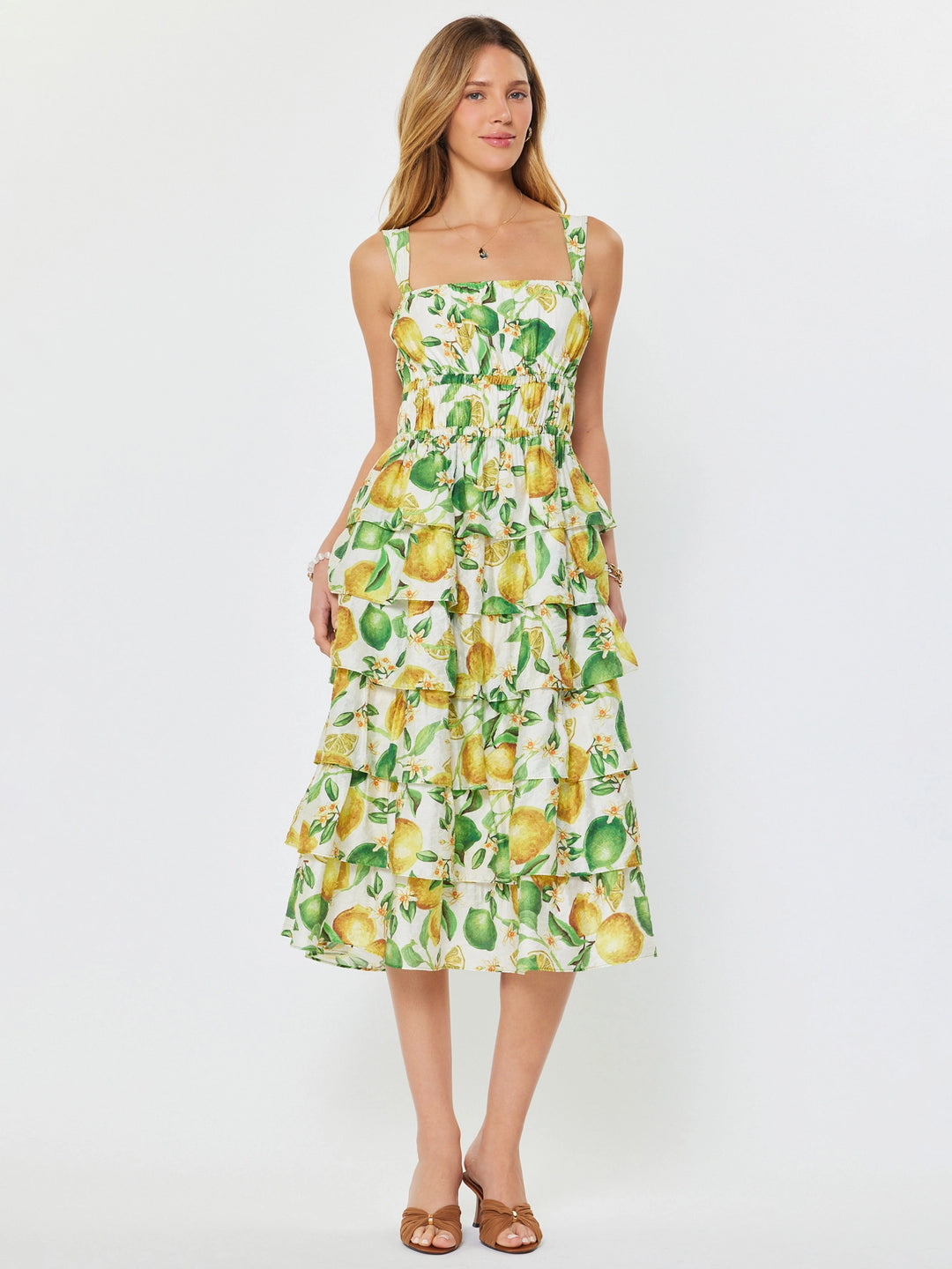 Current Air Lemon Print Square Neck Sleeveless Tiered Ruffle Hem Fit Flare Midi Dress, Womens, M, Lemon Multi Current Air Lemon Print Square Neck Sleeveless Tiered Ruffle Hem Fit Flare Midi Dress, Womens, M, Lemon Multi