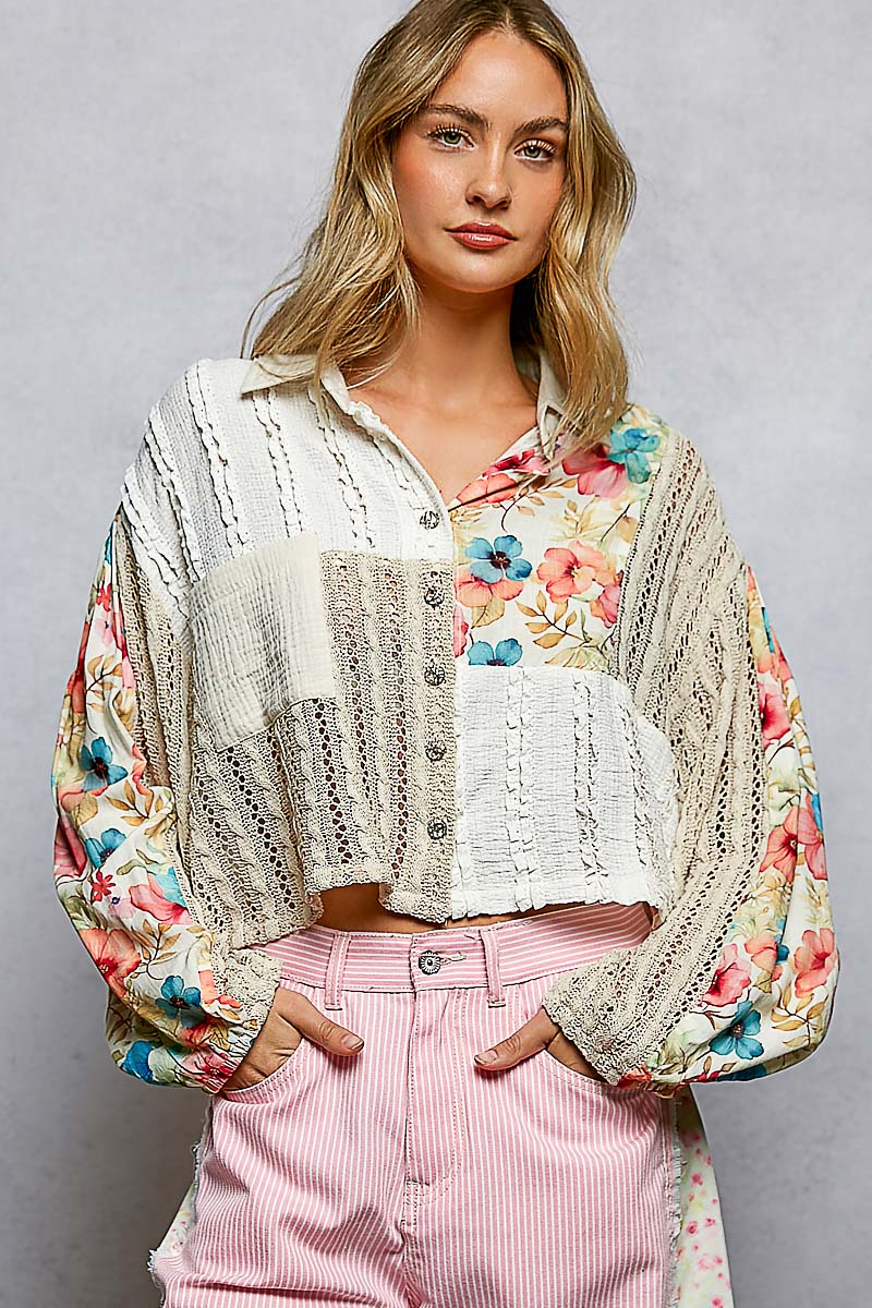 Woman wearing a floral blouse with a textured overlay against a gray background