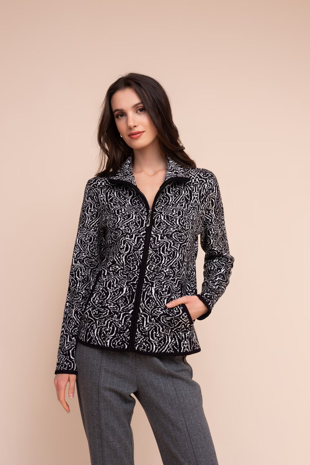 Monochrome Swirl Zip Cardigan in black and white by Alison Sheri, front view