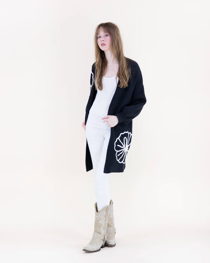 Black floral open cardigan from Original at Just Girls Boutique