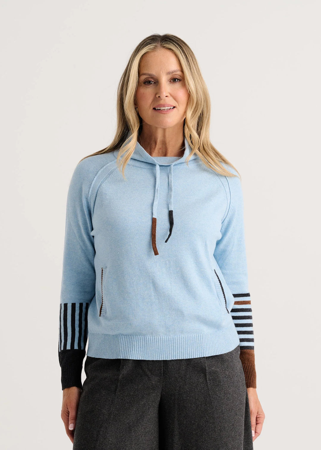 Arctic Breeze Drawcord Sweater by Zaket & Plover in ice blue with funnel neck and striped cuffs