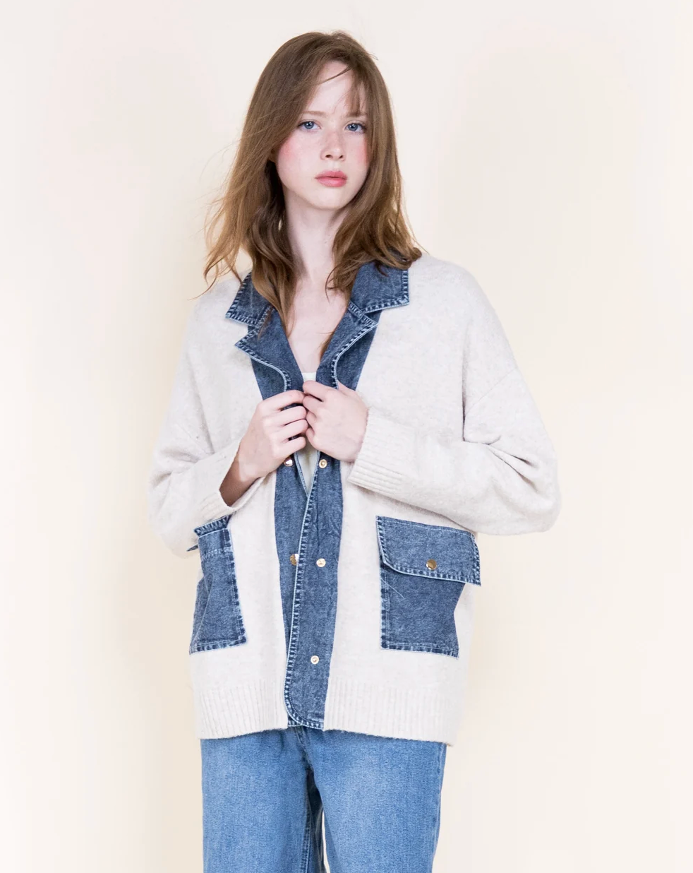Aspen Denim Trim Boyfriend Cardigan in beige by Original