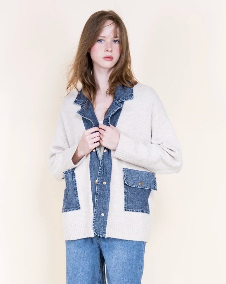 Aspen Denim Trim Boyfriend Cardigan in beige by Original