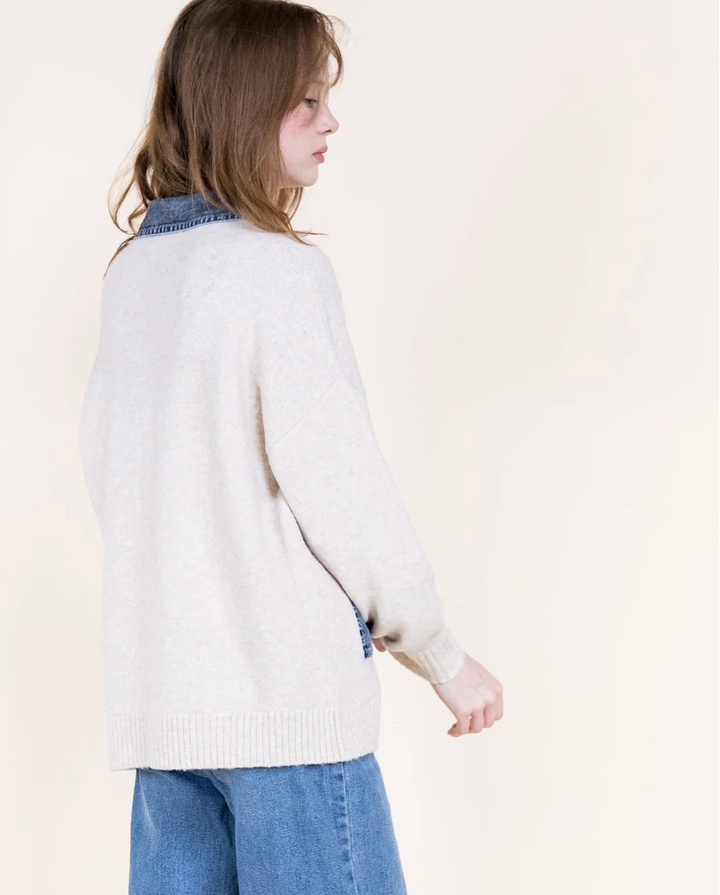 Beige denim trim boyfriend cardigan from Original at Just Girls Boutique