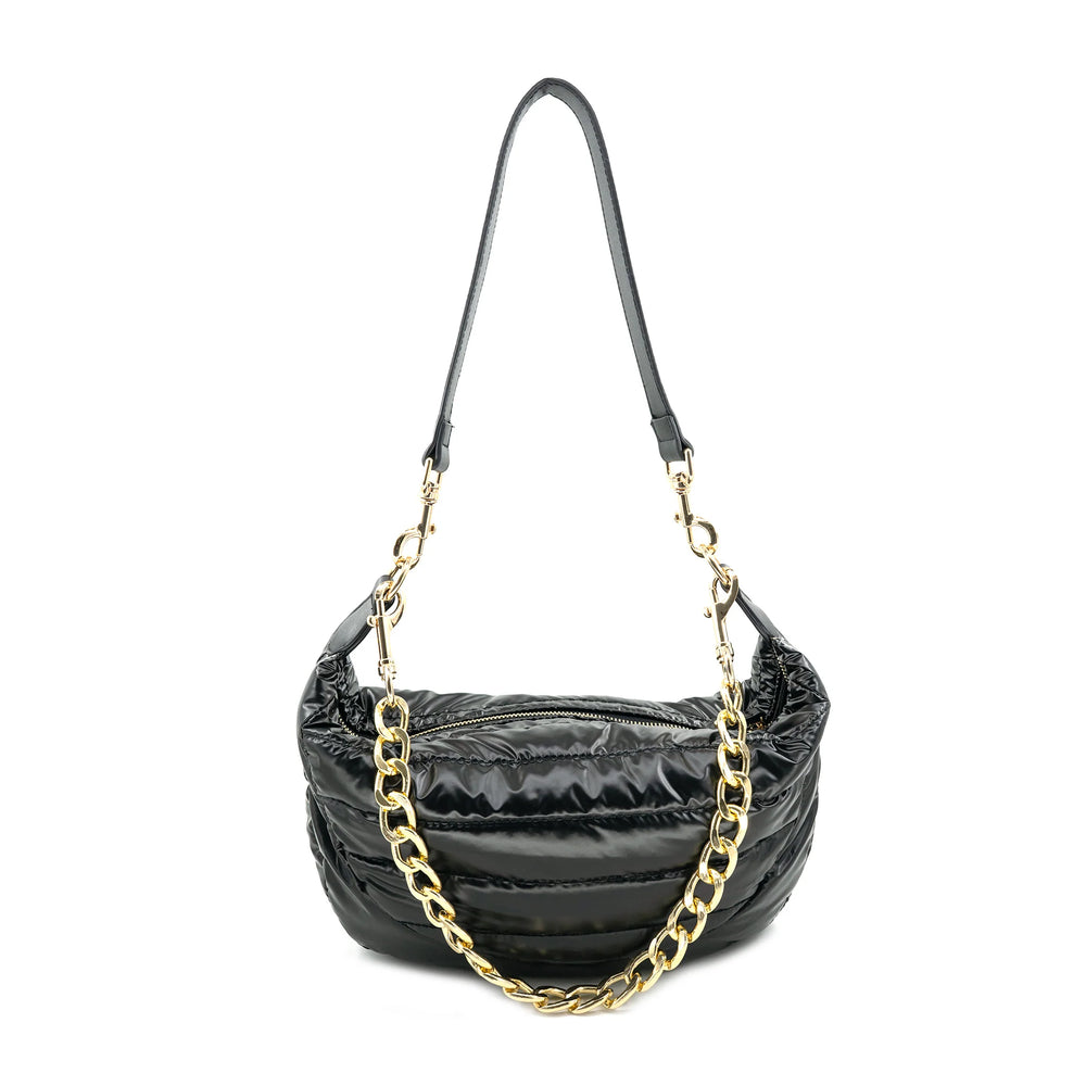 Aurora Puffer Shoulder Bag in glossy black quilted nylon with gold chain strap