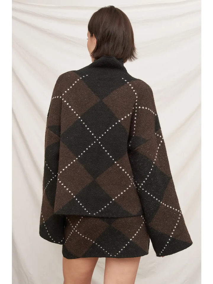 Autumn Argyle Sweater in brown and black argyle, back view