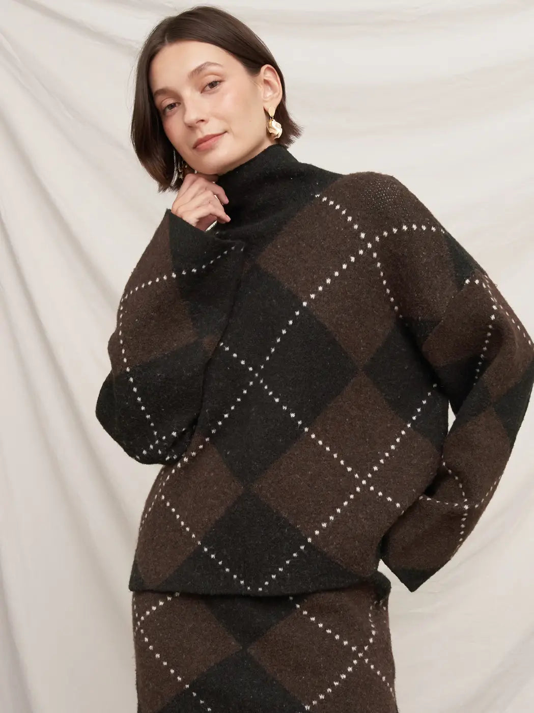 Autumn Argyle Sweater in brown and black argyle, front view