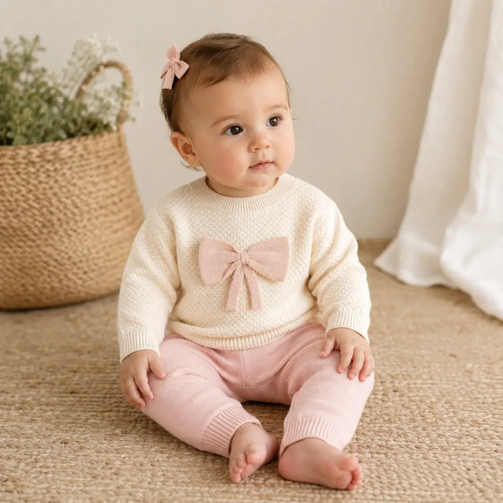 Ella Bow Knit Baby Pullover Sweater in ecru with pink bow, worn by baby