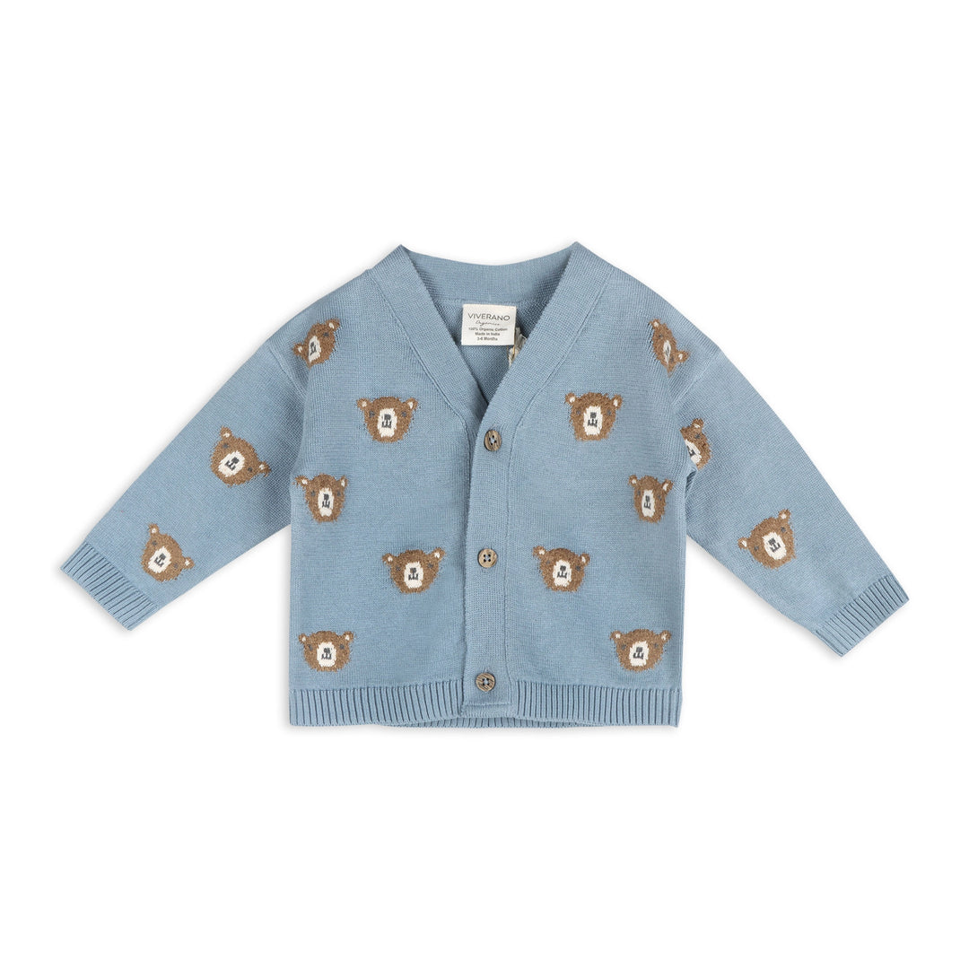 Bear Jacquard Knit Baby Cardigan in mineral blue organic cotton with V-neck and button front