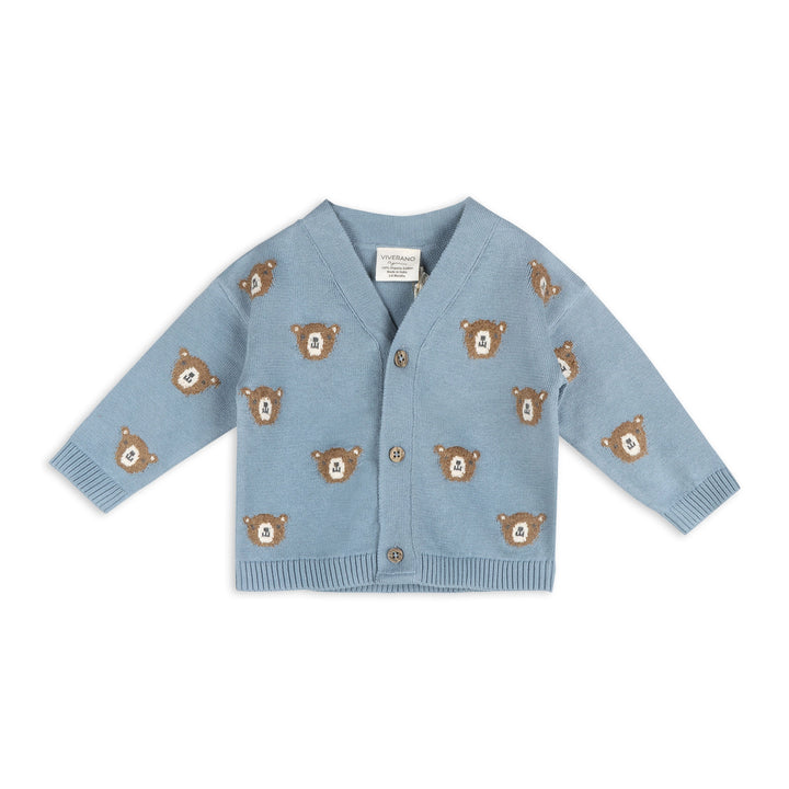Bear Jacquard Knit Baby Cardigan in mineral blue organic cotton with V-neck and button front