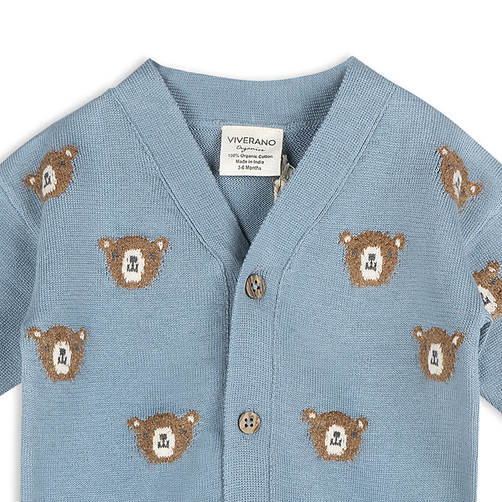 Blue bear jacquard knit pattern detail on baby cardigan