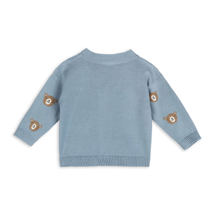 Mineral blue organic cotton bear motif baby cardigan by Viverano