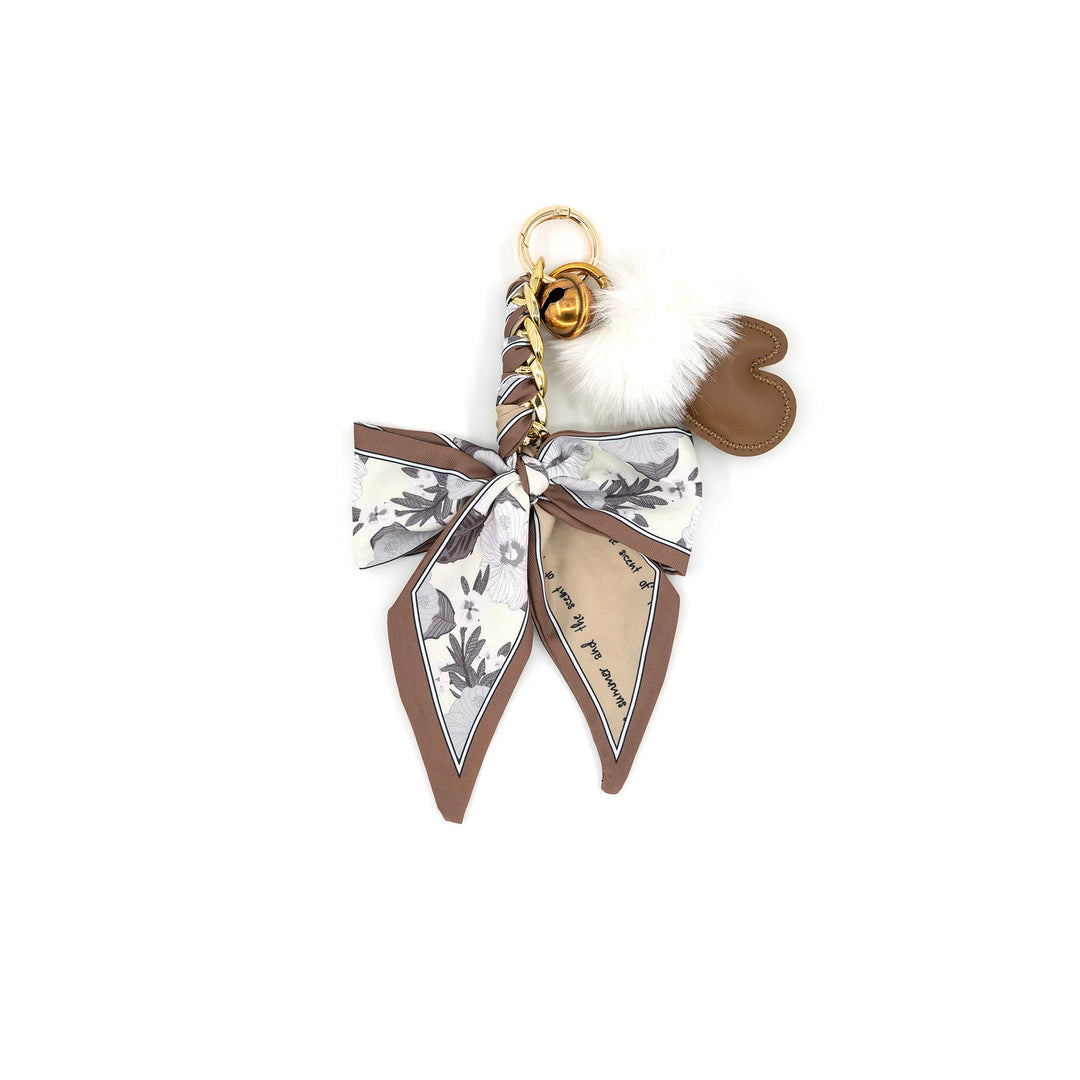 Belle Bow Bag Charm in Camel with floral scarf bow, faux fur pom and tan heart
