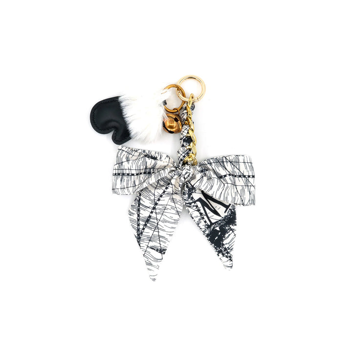 Belle Bow Bag Charm in Grey with printed scarf bow, faux fur pom, black heart and gold bell