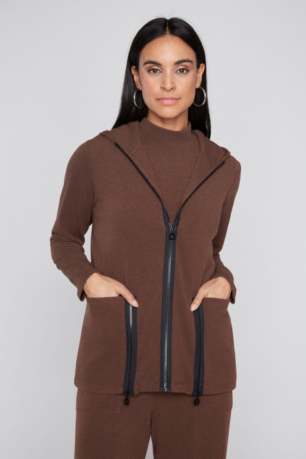 Bennett Hooded Zip Knit Jacket in chocolate brown with black zipper trim, front view on model