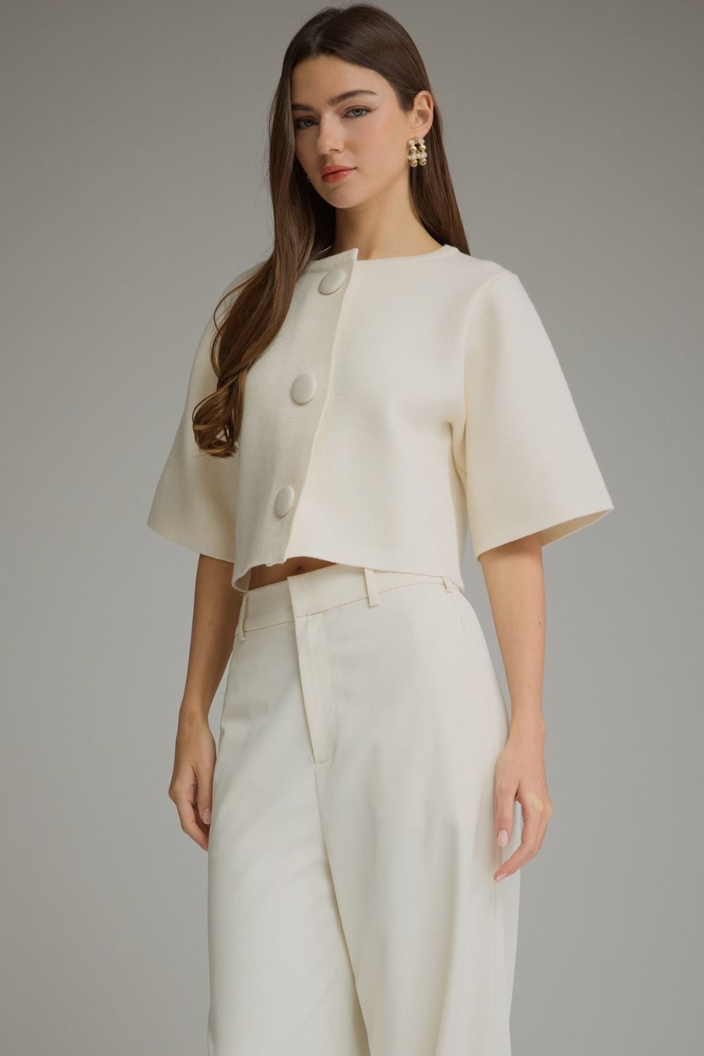 Bianca Button Cardigan in cream, three-quarter front view