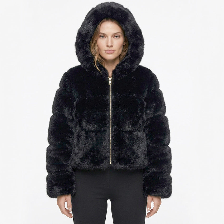 Bombshell Faux Fur Coat in Black, cropped hooded faux fur puffer coat