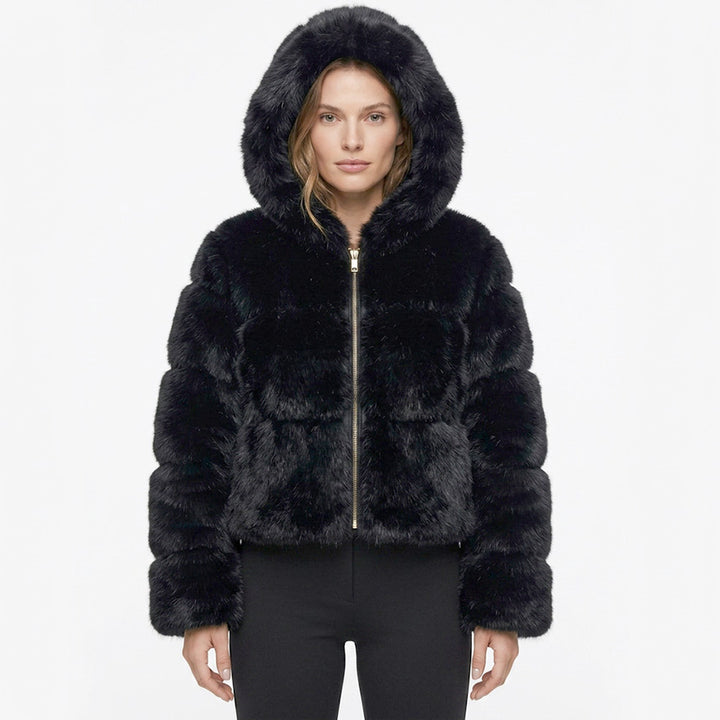 Bombshell Faux Fur Coat in Black, cropped hooded faux fur puffer coat