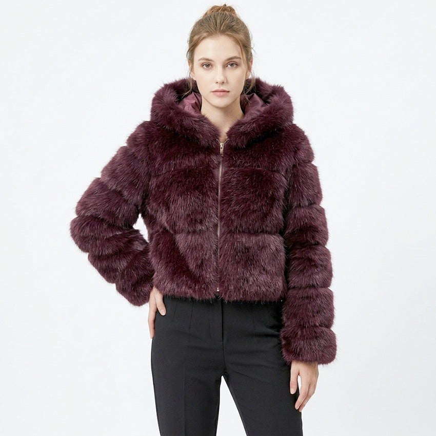 Bombshell Faux Fur Coat in Burgundy, cropped hooded faux fur puffer coat