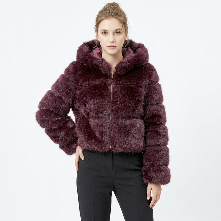 Bombshell Faux Fur Coat in Burgundy, cropped hooded faux fur puffer coat
