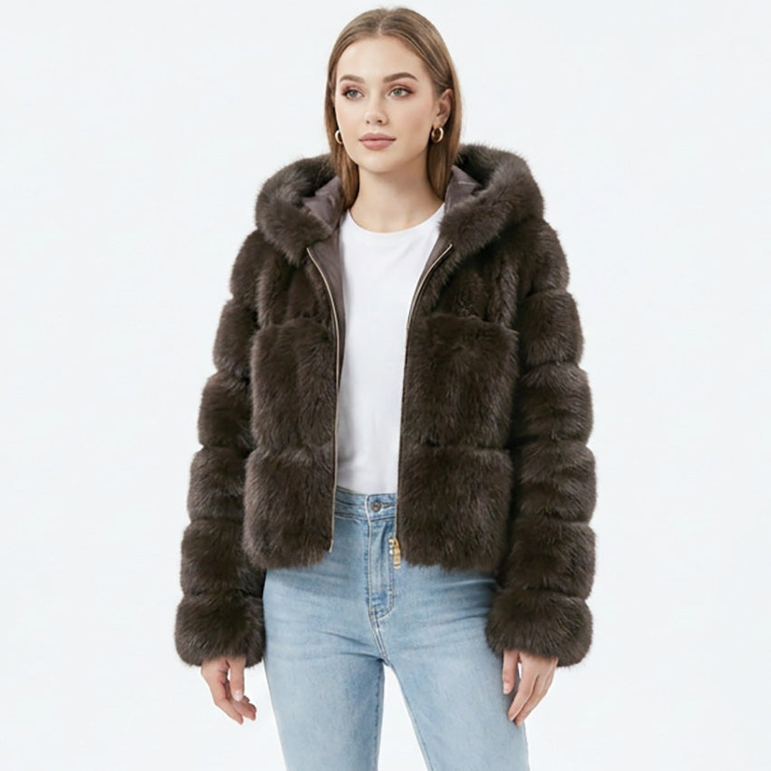 Bombshell Faux Fur Coat in Coffee, cropped hooded faux fur puffer coat