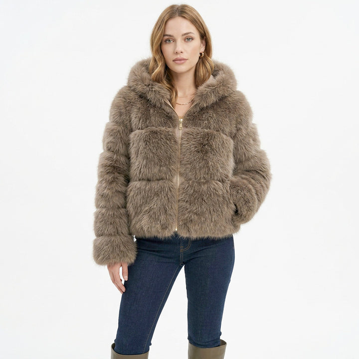Bombshell Faux Fur Coat in Khaki, cropped hooded faux fur puffer coat