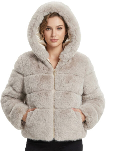 Bombshell Faux Fur Coat in Light Taupe, cropped hooded faux fur puffer coat