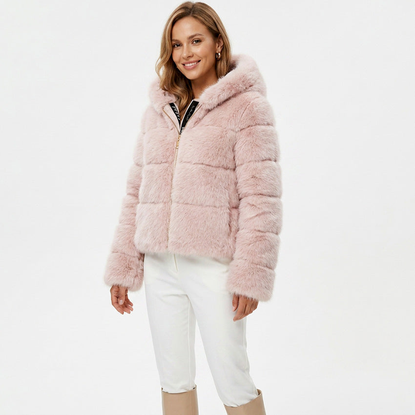 Bombshell Faux Fur Coat in Pink, cropped hooded faux fur puffer coat