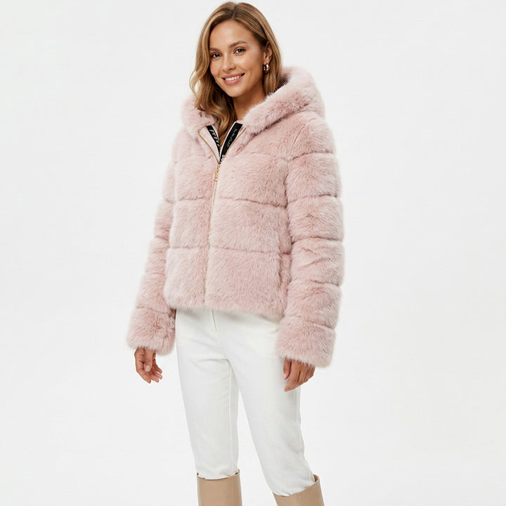 Bombshell Faux Fur Coat in Pink, cropped hooded faux fur puffer coat