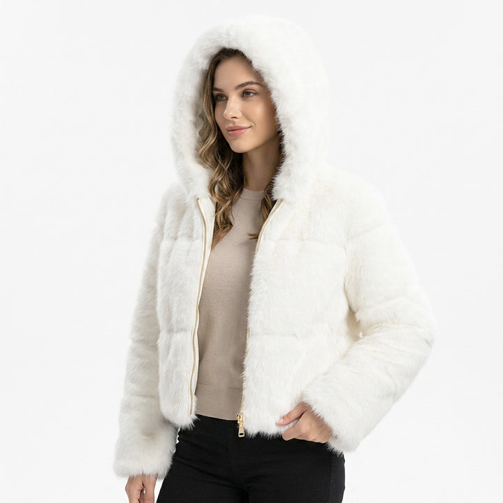 Bombshell Faux Fur Coat in White, cropped hooded faux fur puffer coat