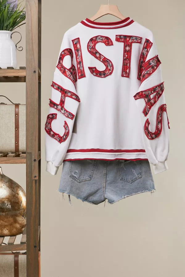 Merry Christmas Plaid Sweatshirt back view with red plaid CHRISTMAS lettering across back and sleeves