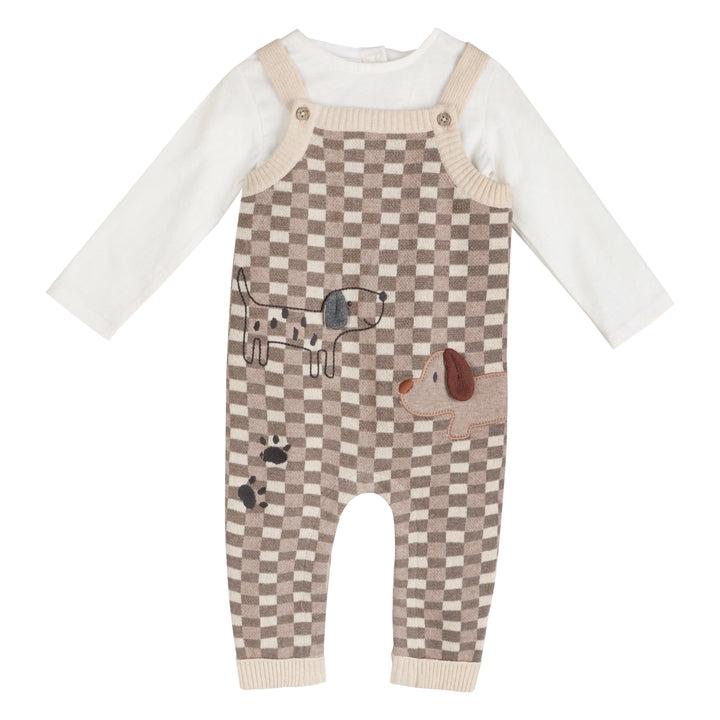 Checkered Dog Baby Overall Set with brown checkered knit overalls and white long-sleeve top