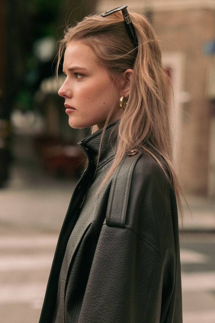 Chocolate Faux Leather Jacket in chocolate brown, close-up of collar, side view