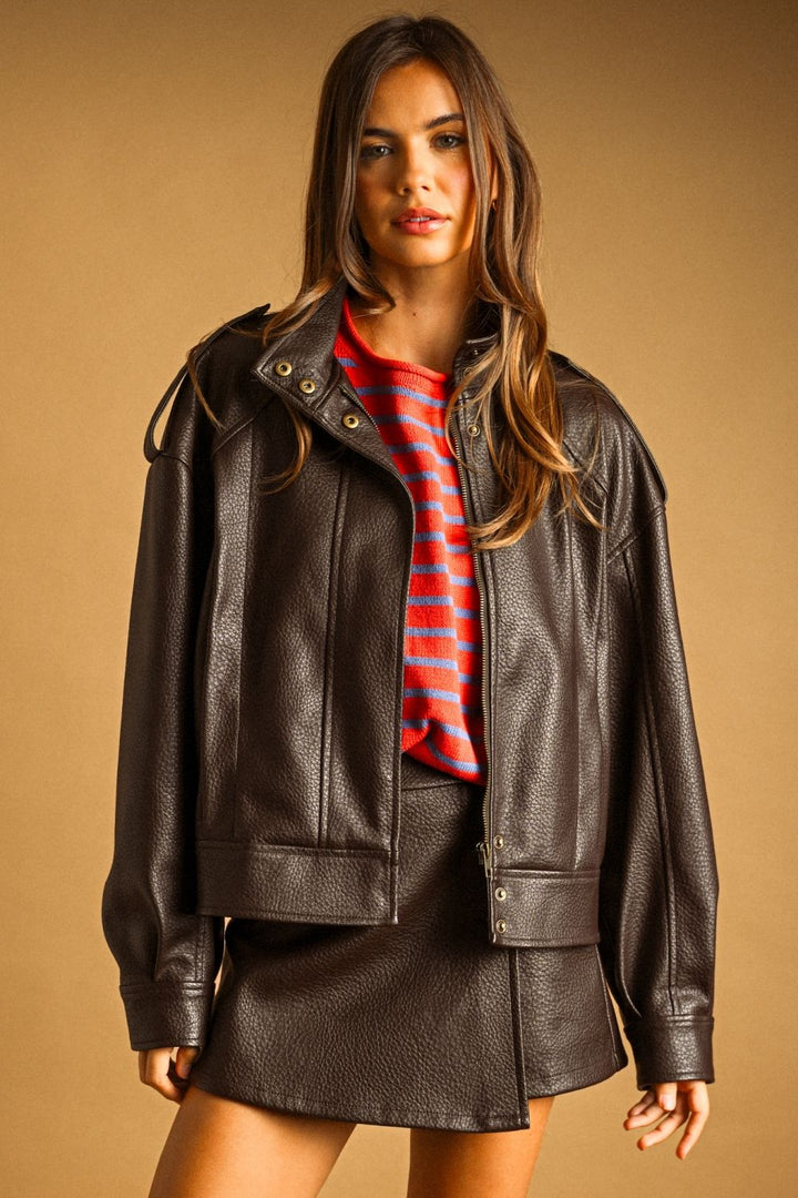 Chocolate Faux Leather Jacket in chocolate brown, front view showing snap collar and flap pockets