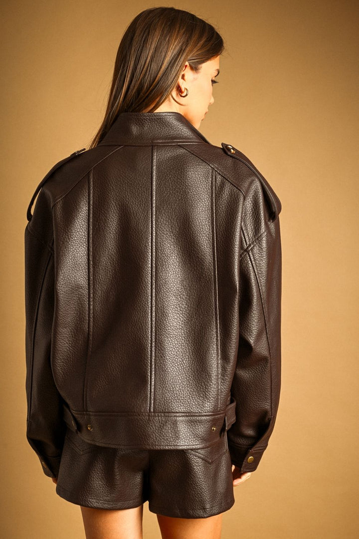 Chocolate Faux Leather Skort in chocolate brown, back view with the matching jacket